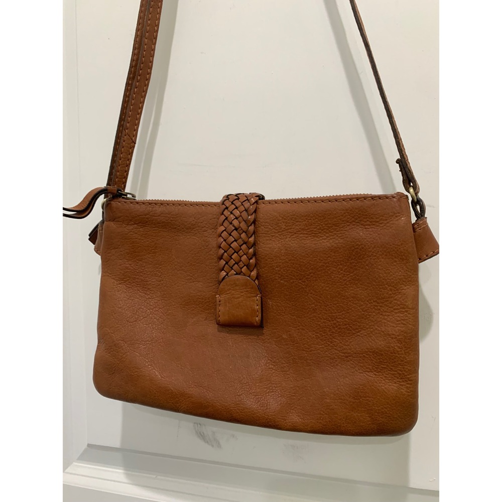 Cognac Brown Genuine Leather Crossbody Bag with Braided Detail RN75343